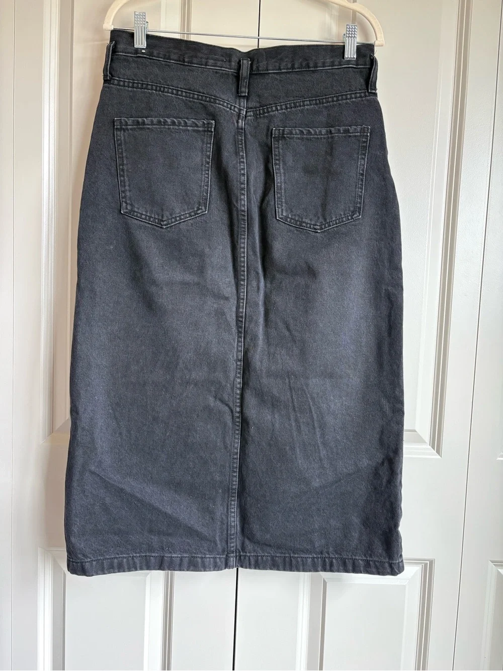 MNG Mango Black Denim Midi Skirt Front Slit Collegiate Academia Size Medium